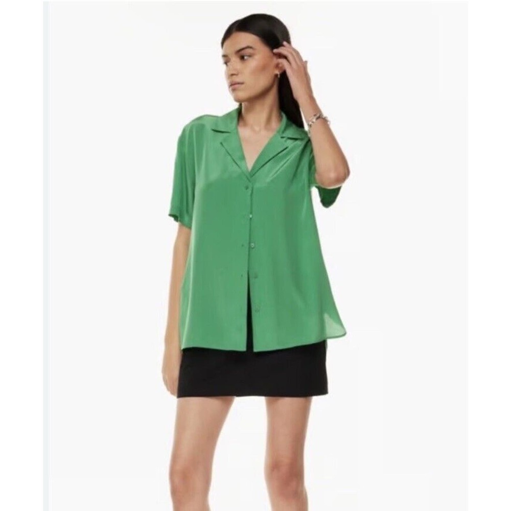 Silk Babaton Top Women Large L Green Collar Aritzia Short Sleeve Button Blouse